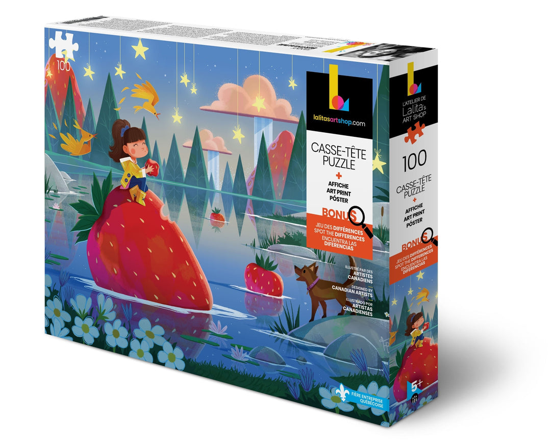 Boîte du casse-tête de 100 pièces Fraise des bois, représentant une fille sur une fraise géante dans un paysage fantaisiste.