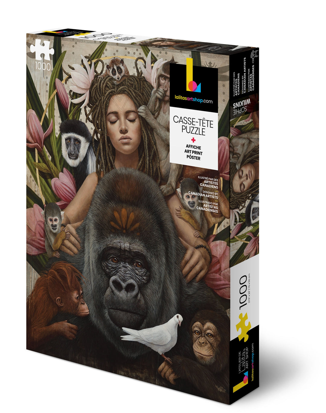 La boîte du casse-tête « Primates » de 1000 pièces exposée en angle, montrant l&