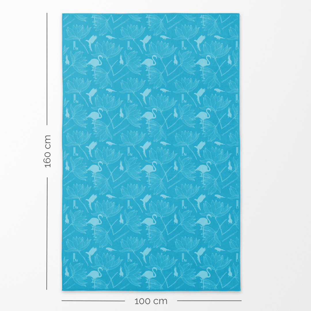 Dimensions du revers de la serviette en microfibre BLU XL indiquées comme 100 cm de large par 160 cm de haut.