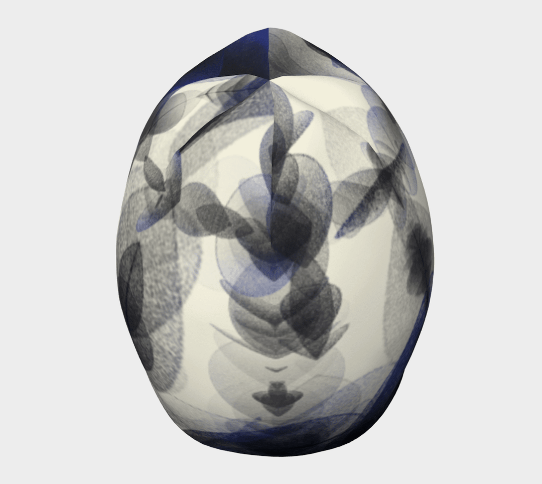 Front view of the Blue Feathers Beanie, emphasizing the abstract brushstroke pattern in shades of blue and grey.