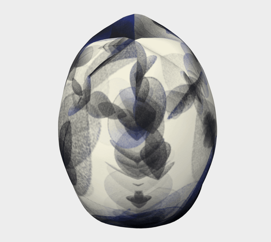 Front view of the Blue Feathers Beanie, emphasizing the abstract brushstroke pattern in shades of blue and grey.