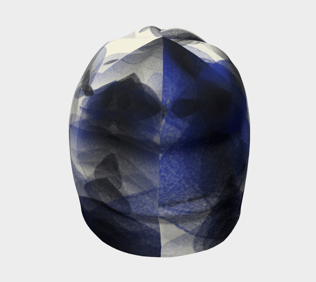 Top view of the Blue Feathers Beanie, showcasing the symmetrical abstract design.