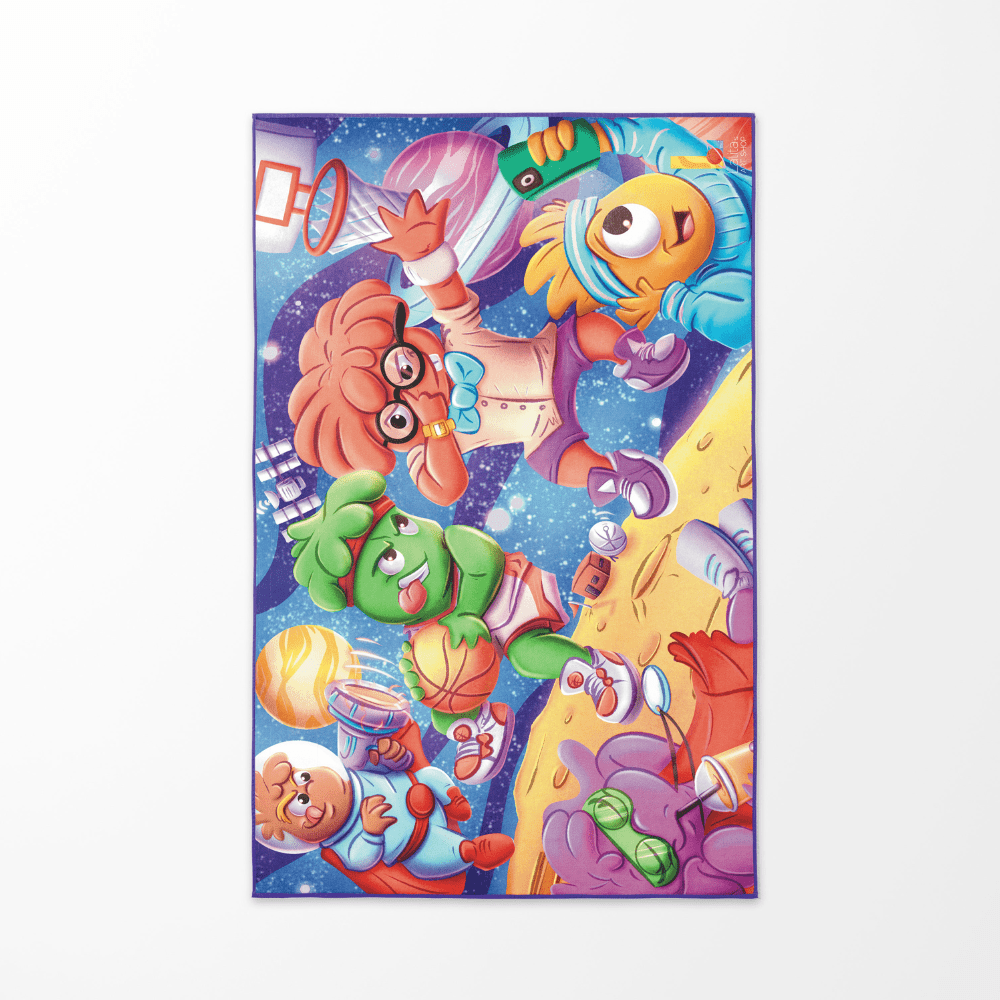 Front side of the Cosmic Slam beach towel featuring colourful cartoon astronauts and aliens playing basketball in space.