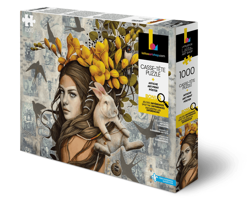 Boîte du casse-tête Rêve de 1000 pièces mettant en vedette une femme avec un lapin et des fleurs jaunes.