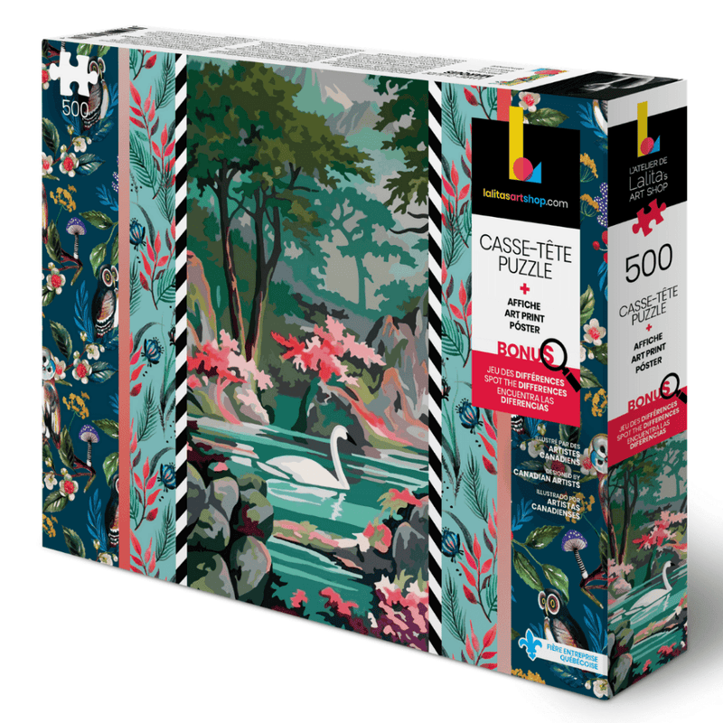 Boîte du casse-tête "Envole-moi" présentant un paysage avec un cygne et une bordure florale.
