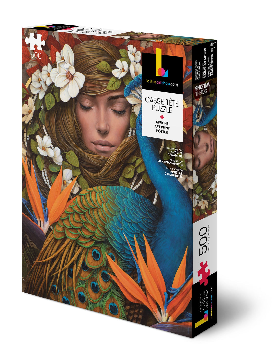 Boîte du casse-tête "Le Chrysalide" 500 pièces, présentant une femme avec un paon et des fleurs.