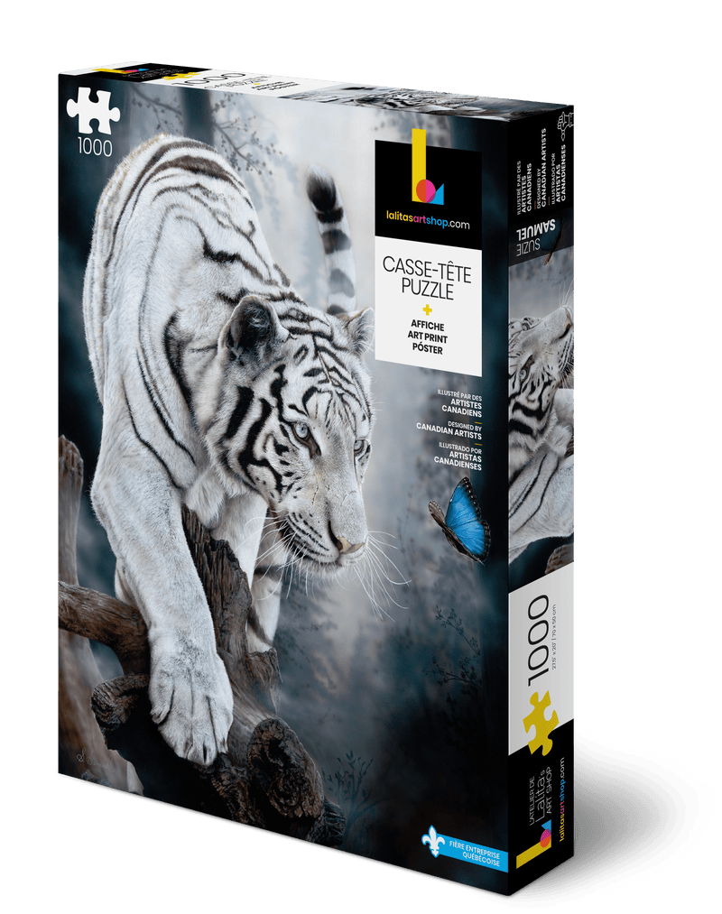 Boîte du casse-tête "L'éveil" montrant un tigre blanc hyperréaliste regardant un papillon bleu.