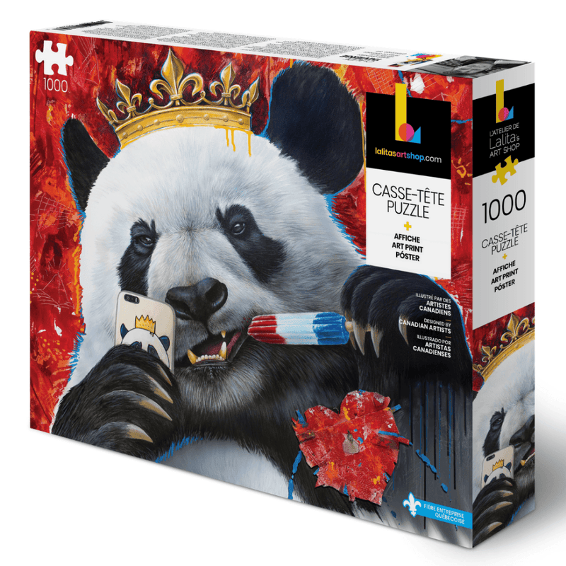 Boîte du casse-tête de 1000 pièces Selfie Panda, montrant un panda couronné se prenant en selfie.
