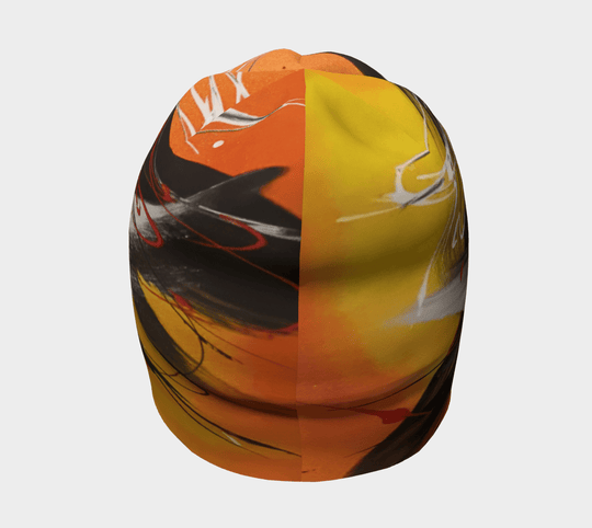 Vue de face de la tuque Le Cœur, divisée pour montrer des sections distinctes du motif artistique.