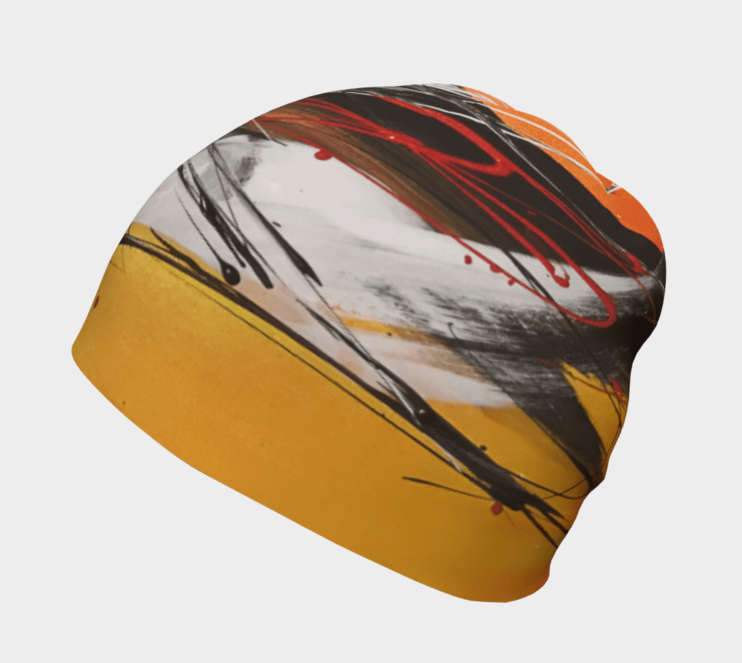 Vue latérale de la tuque Le Cœur montrant sa coupe décontractée et son imprimé abstrait vibrant.