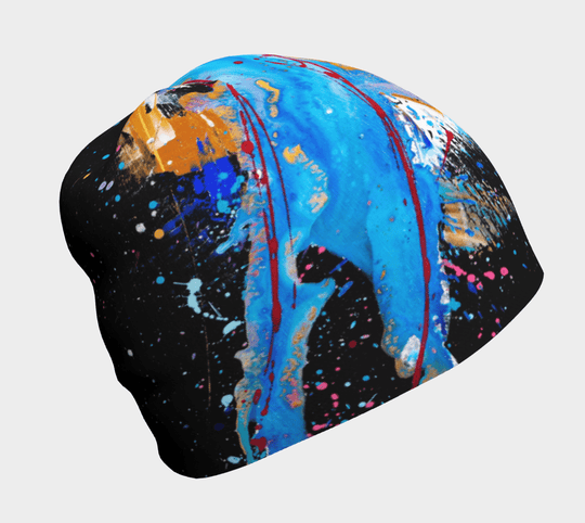 Une tuque noire avec un design abstrait éclaboussé aux couleurs vives bleu, magenta, or et blanc.