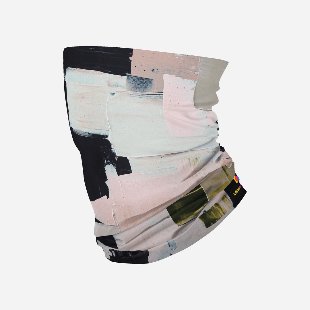 Un tube de cou multifonctionnel avec un motif d'art abstrait rose, noir et vert affiché sur fond blanc.
