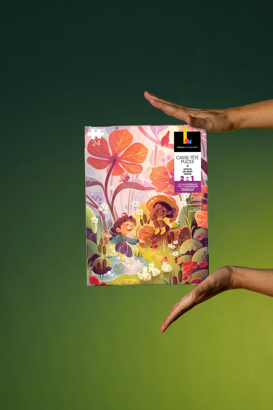 Mains tenant la boîte du casse-tête pour enfants Pluie enjouée de 24 pièces, mettant en valeur l’œuvre colorée.