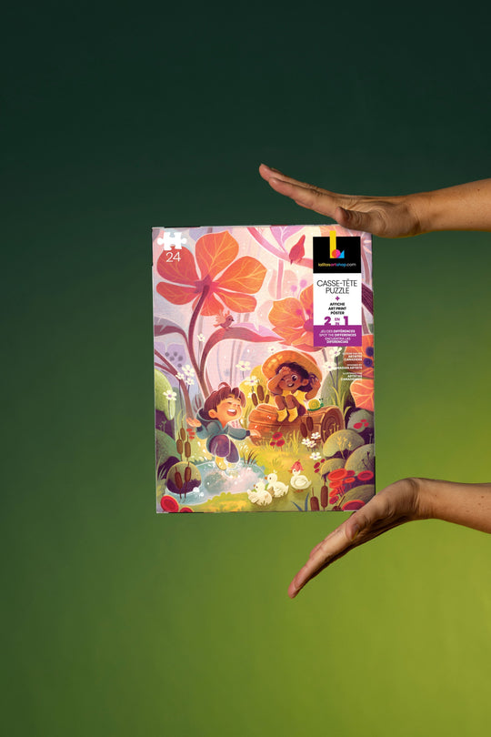 Mains tenant la boîte du casse-tête pour enfants Pluie enjouée de 24 pièces, mettant en valeur l’œuvre colorée.