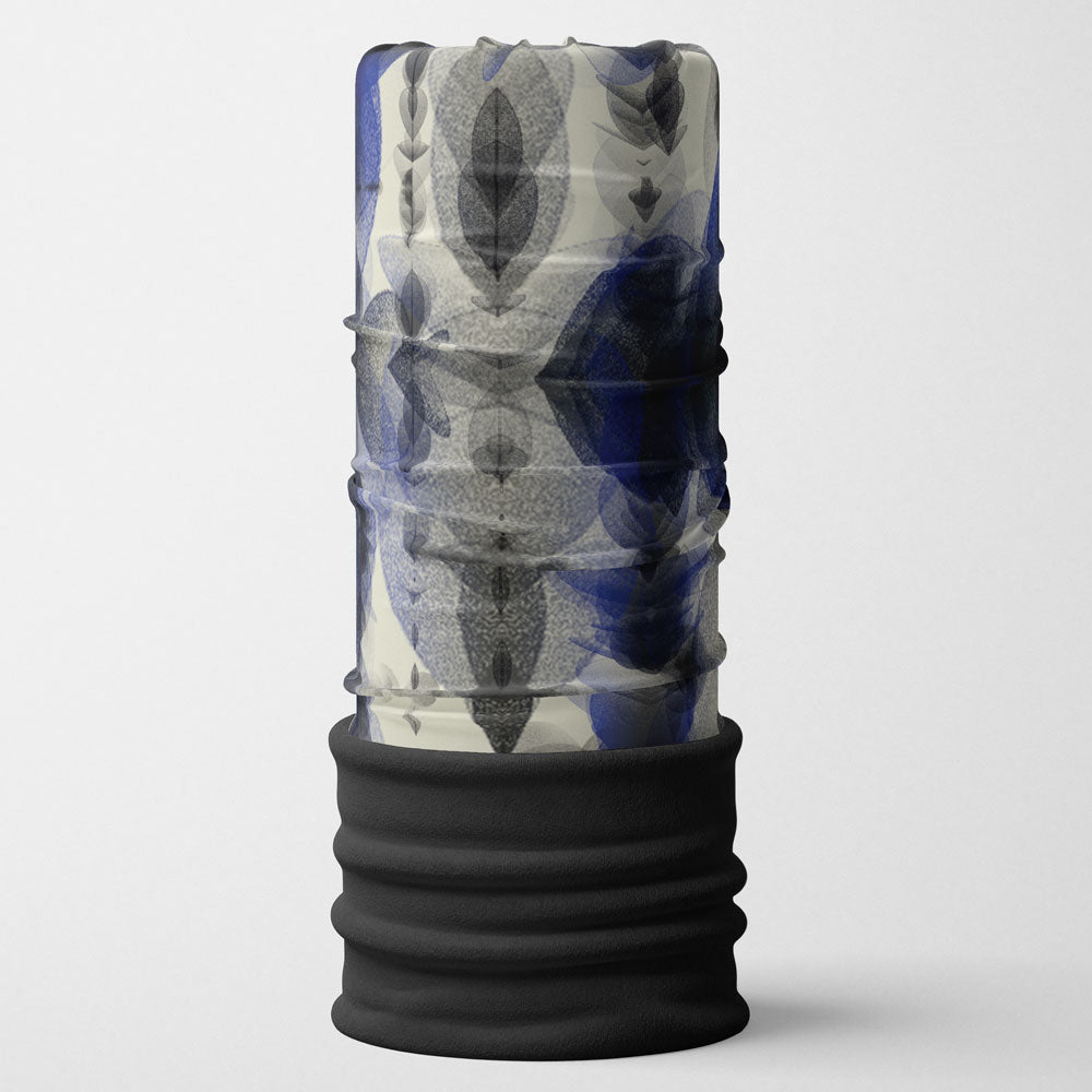 A blue and grey abstract pattern on a white background covers a black-lined multifunctional tube.