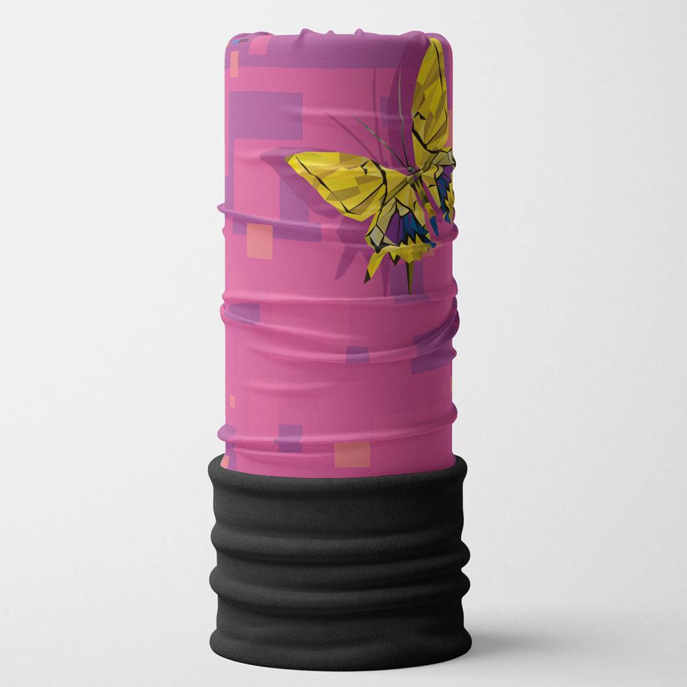 Tube multifonction rose avec un design de papillon jaune géométrique et une base côtelée noire.