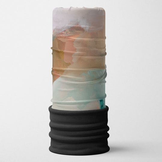 A POLAR Navy Accent Multifunctional Tube standing upright against a white background, showing its artistic print and black fleece lining.
