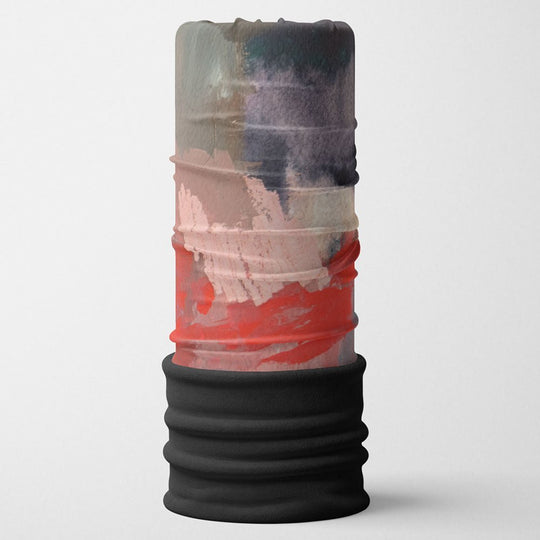 Tube Multifonction POLAR Rose &amp; Flammes debout sur fond blanc, montrant des coups de pinceau abstraits roses, rouges, gris et violets.