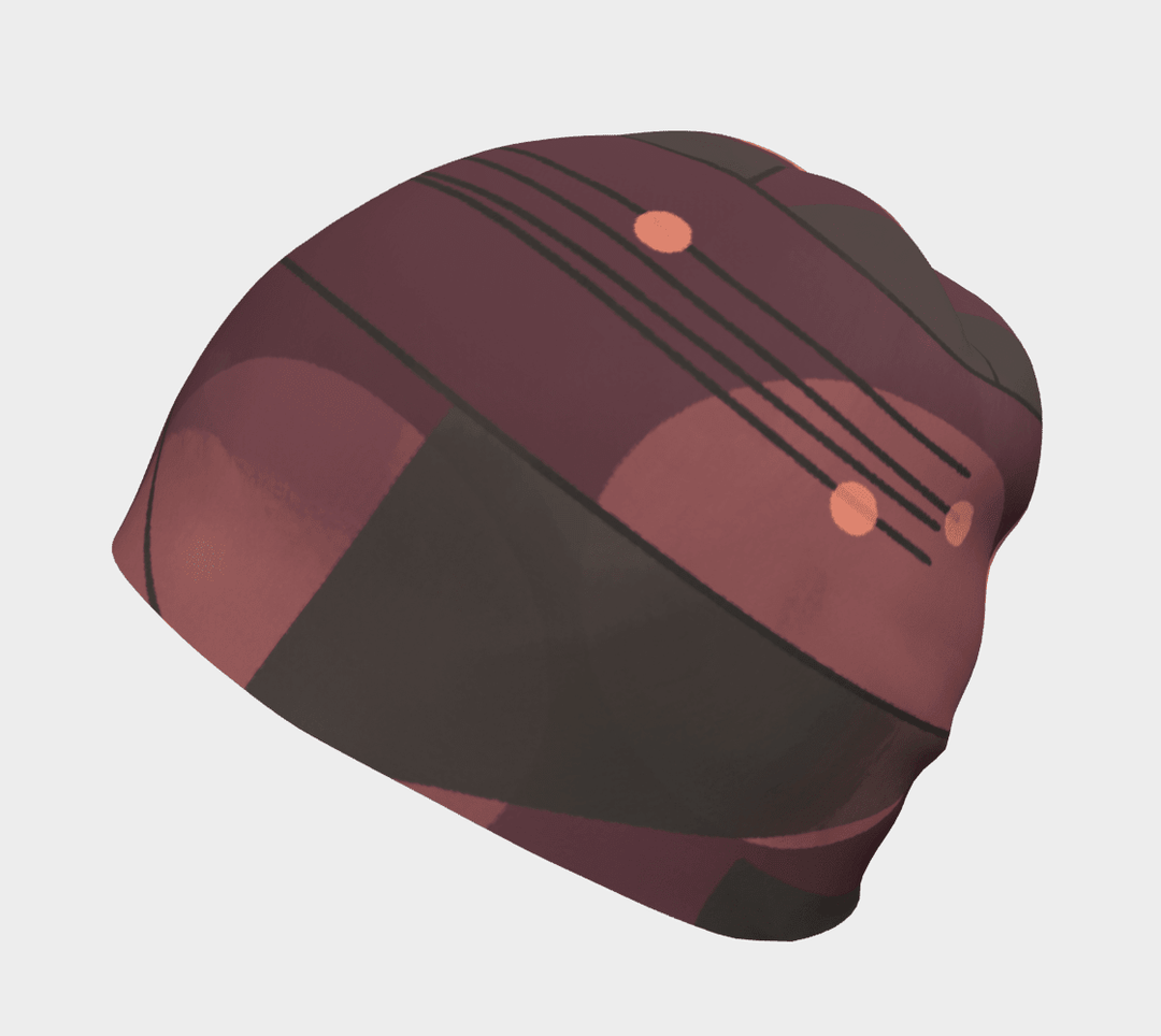 Vue de côté de la tuque Motifs Géométriques Mauves avec un motif abstrait prune, gris et pêche.