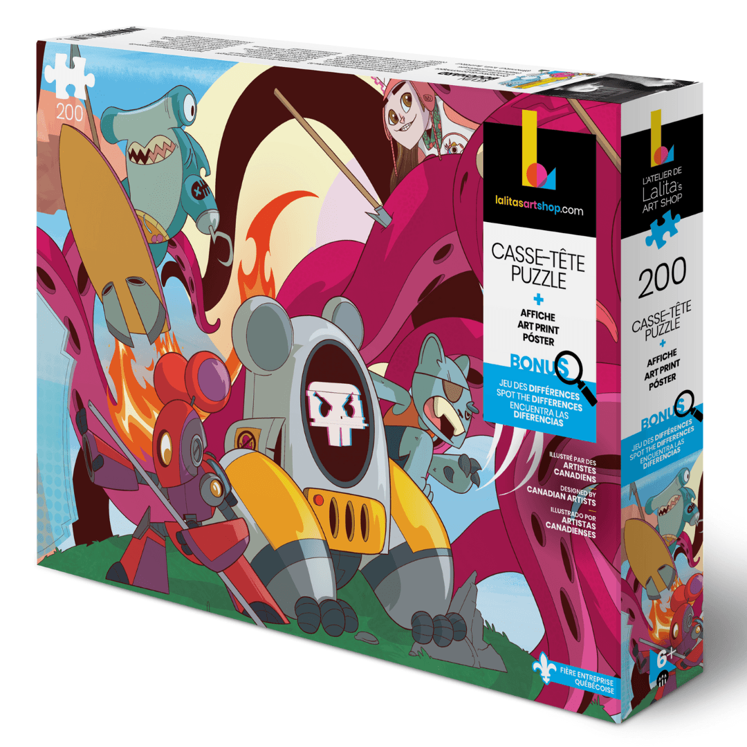 Boîte du casse-tête 200 pièces «Héros», présentant des robots et personnages colorés de style dessin animé dans une scène d'action sur fond rose organique.