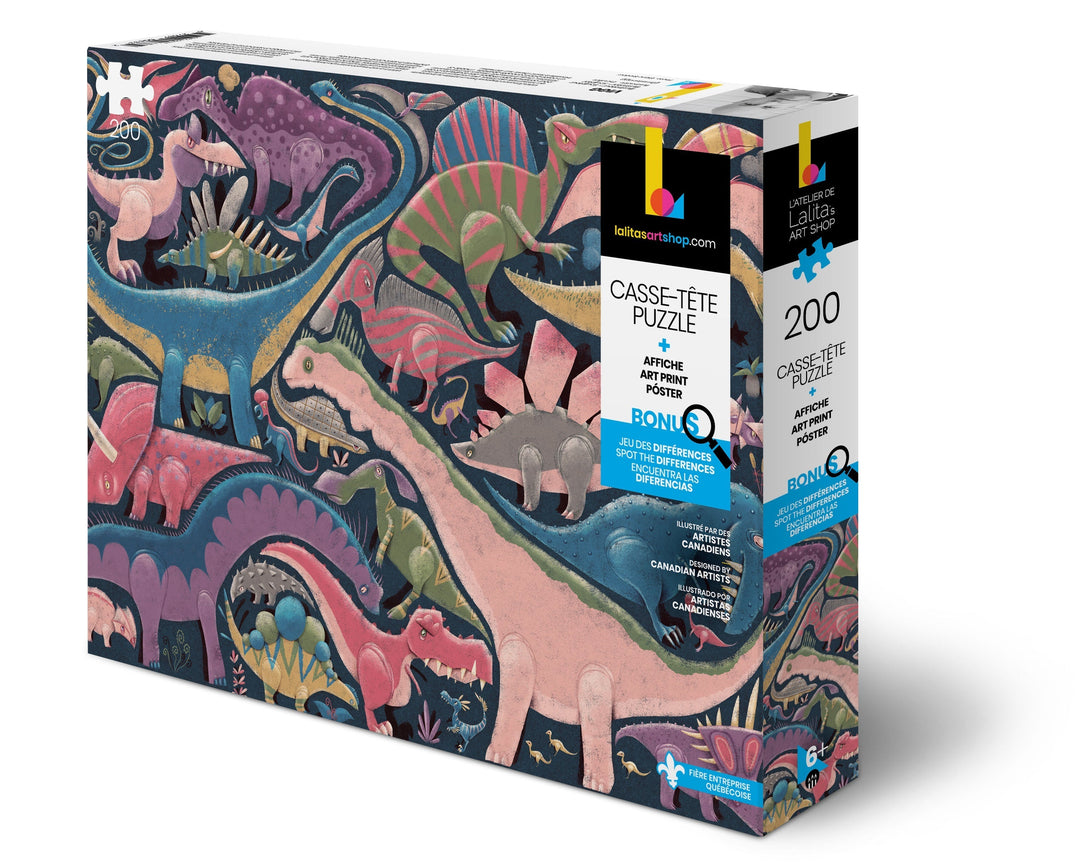 Boîte du casse-tête « La joyeuse troupe des dinosaures » 200 pièces, présentant des illustrations colorées de dinosaures dans une palette pastel.