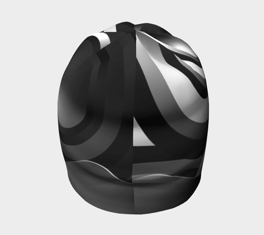 Top-down view of the beanie, revealing the abstract art pattern in shades of grey and black.