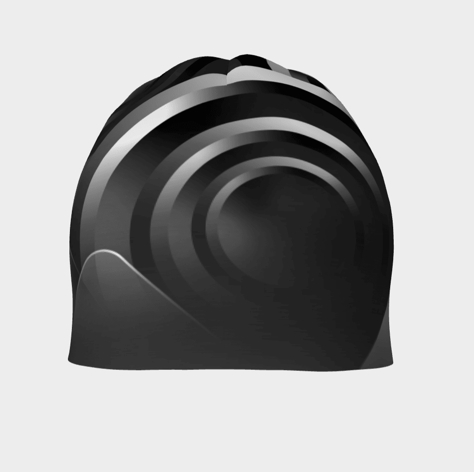 A side-angle view of the beanie, showcasing the abstract circular pattern in black and grey.
