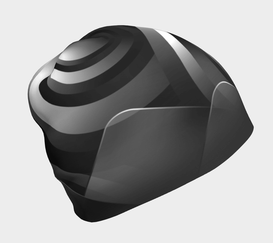 Black and grey abstract swirling pattern on a close-up view of a beanie.