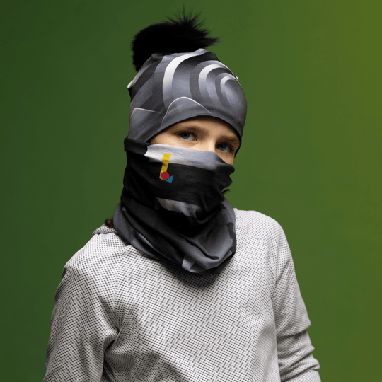 A child wearing the Rockies Beanie as a face covering with a neck gaiter.