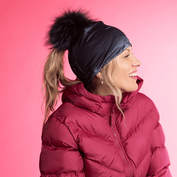 Wall Black Ponytail Beanie With Pompom