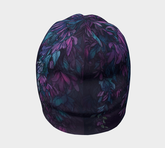 Vue de dessus de la tuque Wisteria, révélant le motif floral artistique complet.