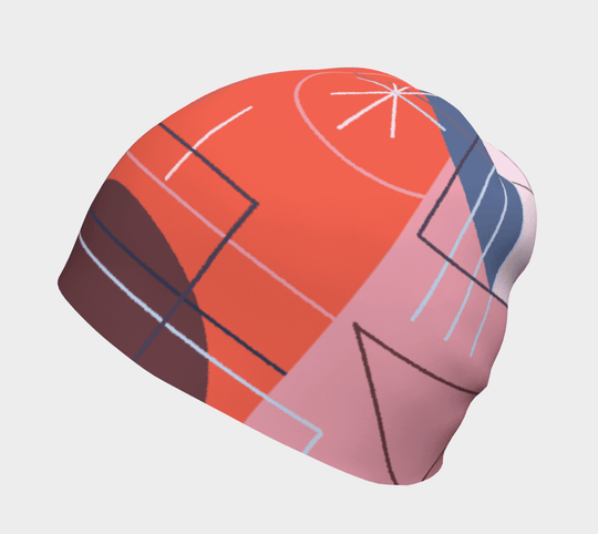Tuque graphique abstraite rose et orange pour femmes, montrant différents angles.