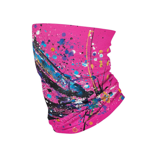 Tube multifonction rose avec un motif abstrait éclaboussé de peinture.