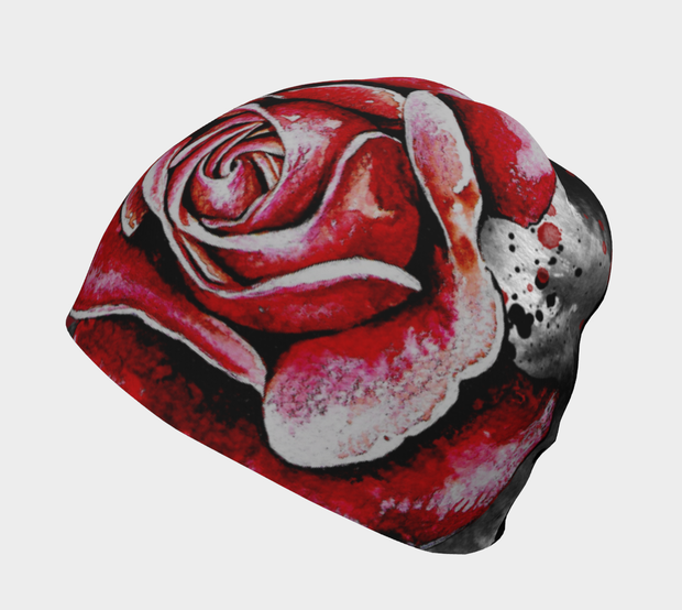 Left view of lalita's Art Shop Women's Red Rose Beanie hat illustrated by Julie L'Ecuyer