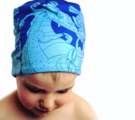 Boy wearing Lalita's Art Shop blue Knights and Dragons for children beanie hat