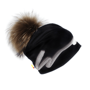 Right side view of the unisexe Signature black and white beanie hat. With a big natural recycled fur pompom.