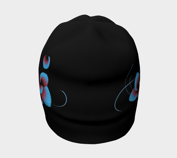 Rear view of the Lalita's Art shop woman bamboo toque Blue Flowers. A digital floral black, blue and pink pattern. Desiged by Canadian Artist Zaire