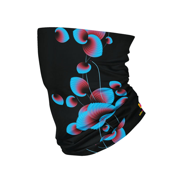 Colourful, unique and contemporary floral pattern on a multi-Use bandana made of recycled materials. This beautiful black, pink and blue multifunction headwear / neck warmer is your vacation best friend