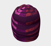 Back view of the abstract purple and pink beanie hat perfect for running, cross-country sking ! 