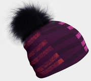 Beautiful artwork beanie for girls and women purple, pink and black with detachable black fur pompom created by Lalita's Art Shop Artist Valery Goulet.