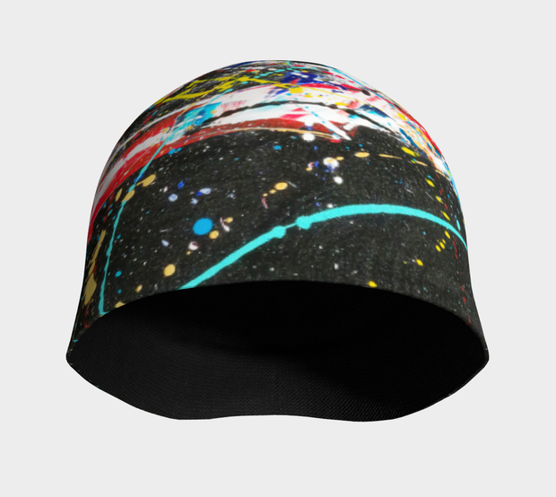 Front view of the toque with bamboo lining. Abstract design on black backround