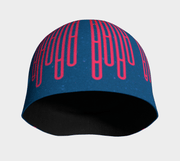 Front view of Blue Loop Beanie Hat with with a pink Graphic pattern.