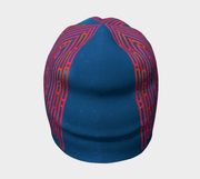 Back view of the abstract pattern women's beanie, Blue Loops by visual artist Zaire.. 
