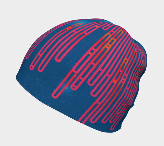 Left side view of the Abstract patterned Blue Loops tuque illustrated by Zaire, Carl-Hugo Poirier.