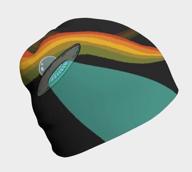 Flying saucers beanie hat illustrated by professional artist Andre Martel side view. 