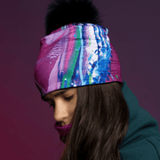 Girl wearing the Magenta and Blue Hope beanie with Navy pompom by Megane Fortin