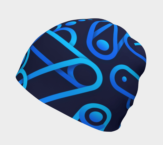 Profile photo of the black and blue Mechanic bamboo beanie designed by the artist Zaire. Perfect beanie for the whole family and sports activities.