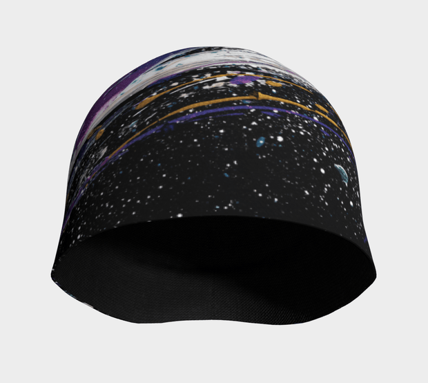 Picture of the  font part of the Lalita's Art Shop Abracadabra bamboo hat, with an abstract pattern on bamboo fabrics. This beanie was designed by young Quebec artist Mégane Fortin