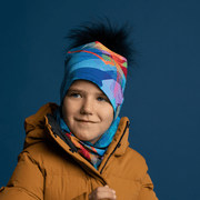 Coolest beanie and neck warmer for boys and girls ! This blue, green, purple, orange tubular neckwear is perfect for a mustard, teal, blue or dark gray winter suit ! 