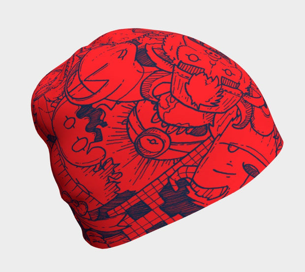 Right view of this red and navy blue children beanie hat. Illustrated by André Martel, this toque showcases a great doodle of monsters characters. 